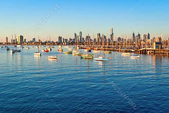 Melbourne skyline from St Kilda at sunset