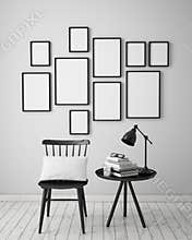 Mock up poster frames composition with vintage hipster loft interior background,