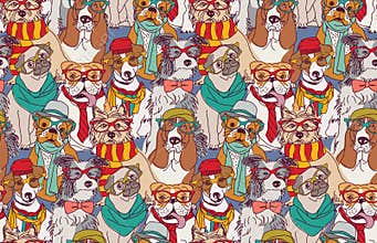 Cute dog fashion hipster seamless pattern.