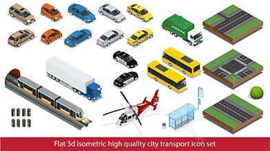 Isometric high quality city transport icon set Subway train, Police, taxi truck car Mini, sedan helicopter, street road