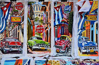 Souvenirs of Cuba at local market, chevrolets painting