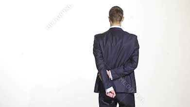 Body language. man in business suit isolated white background. Training managers. sales agents. hands behind his back
