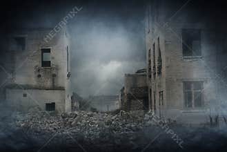 Apocalyptic ruins of the city. Disaster effect