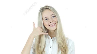 Call me Gesture by Woman, help line, White Background,Young