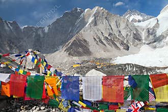 View from Mount Everest base camp with prayer flags