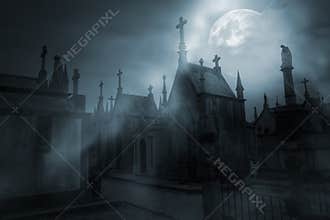Cemetery in a foggy full moon night