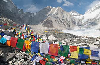 View from Mount Everest base camp with prayer flags