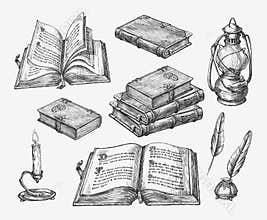 Hand-drawn vintage books. Sketch old school literature. Vector illustration