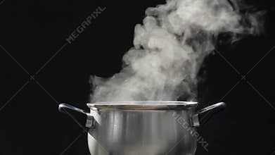Steam on pot at kitchen.