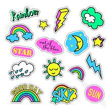Pop art set with fashion patch badges and different sky elements. Stickers, pins, patches, quirky, handwritten notes