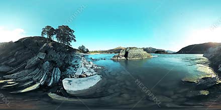 UHD 4K 360 VR Virtual Reality of a river flows over rocks in beautiful mountain landscape