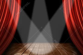 Red Theater Stage Background With 3 Spotlights Cen