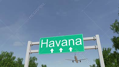 Airplane arriving to Havana airport. Travelling to Cuba conceptual 4K animation