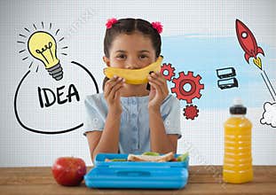 Girl at desk with healthy lunch and idea graphics