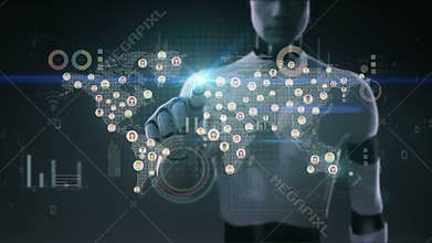 Robot, cyborg touching connected world people, using communication technology. with economic diagram,chart. social media.2.