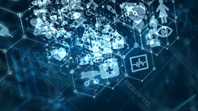 4K Abstract background Animation moving pass through dot and connection line with medical and health icon for futuristic cyber tec