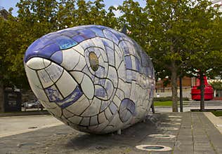 Large colourfull fish sculpture in Belfast, Donegall Quay, Waterfront