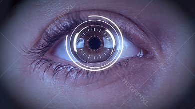 Close-up of high tech cyber eye with zoom into eye to black