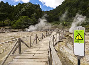 Hot springs and fumaroles at the edge of lagoa das Furnas, Sao Miguel, Azores Islands.