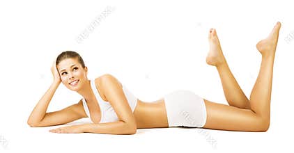 Woman Body Beauty, Girl in White Cotton Underwear, Model Lying