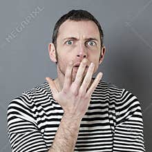 Scared 40s man questioning something