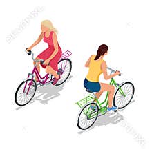 Cyclists on bikes. People riding bikes. Bikers and bicycling. Sport and exercise. Flat 3d vector isometric illustration