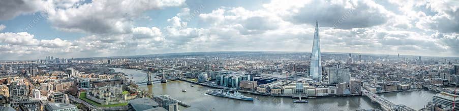 London Skyline Wide View Panorama. East & South Landmarks, Tower of London, River Thames Canary Wharf, The Shard, London Bridge.