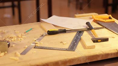 Carpenter table. Wood, equipment