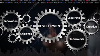 Gear with keyword, Innovation, Creative, Teamwork, Leadership, Challenge, Businessman touch screen 'DEVELOPMENT'