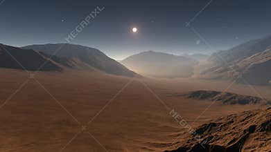 Sunset on Mars. Mars mountains, view from the valley