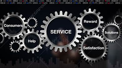 Businessman touching Gear with Consumers Satisfaction Solution. typo animation 'service'