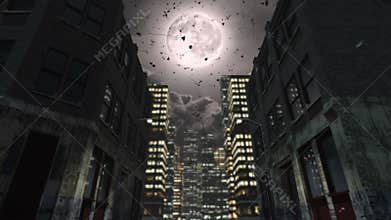 Full moon and falling romantic roses