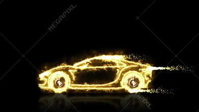 Abstract animation of golden futuristic super car made with light beam wireframes on black isolated futuristic background