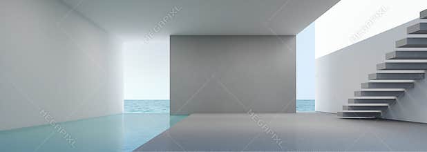 Sea view living in modern house interior on beach with swimming pool