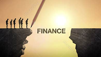 Pencil write 'FINANCE', connecting the cliff. Businessman crossing the cliff, business concept.