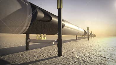 Pipeline in desert, 3D animation, day time.