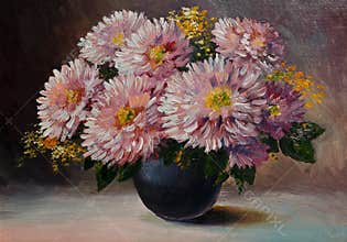 Oil painting on canvas - still life flowers on the table, art work