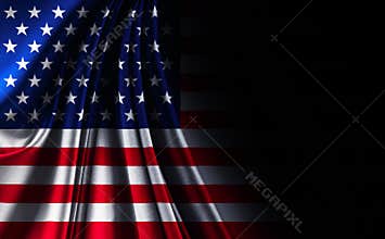 Fabric texture American USA flag, on black noir background