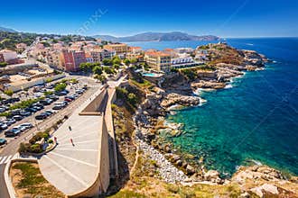 Beautiful Corsica coastline and historic houses in Calvi