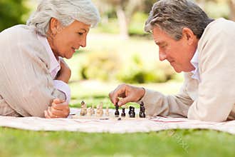 Elderly couple playing chess