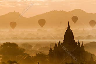 Balloons over Bagan and the skyline of its temples, Myanm