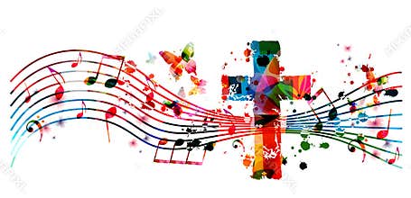 Colorful christian cross with music notes isolated vector illustration. Religion themed background. Design for gospel church music