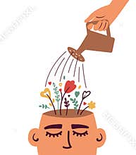 Mental health or psychological therapy concept with watering flowering human head