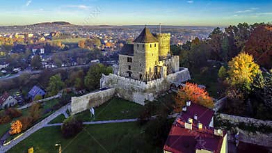 Medieval castle in Bedzin, Poland. Aerial video
