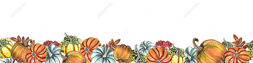 Thanksgiving seamless frame design. Watercolored hand drawn illustration. Template for advertising, card, poster