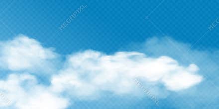 Realistic white cumulus clouds on transparent background. Vector illustration of 3d smoke or fog. Natural mist design