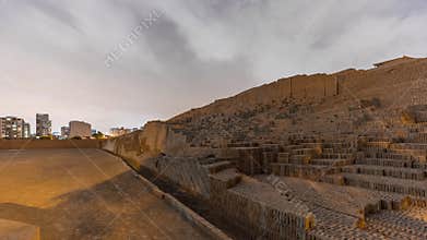 Pyramid of Huaca Pucllana day to night timelapse, pre Inca culture ceremonial building ruins in Lima, Peru