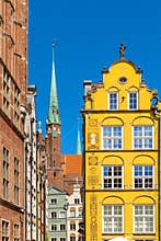 Pointed towers of St. Maryâ€™s Basilica - Bazylika Mariacka - in back of Kramarska street in the historic old town city center