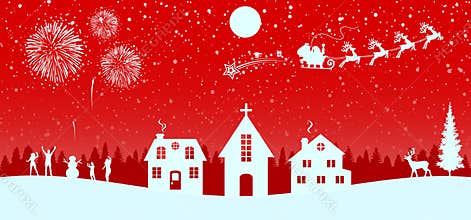 Santa Claus flyin on Christmas sleigh over the housses in the night on red background â€“ vector