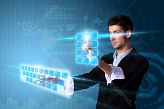 Man pressing touch screen buttons on blue